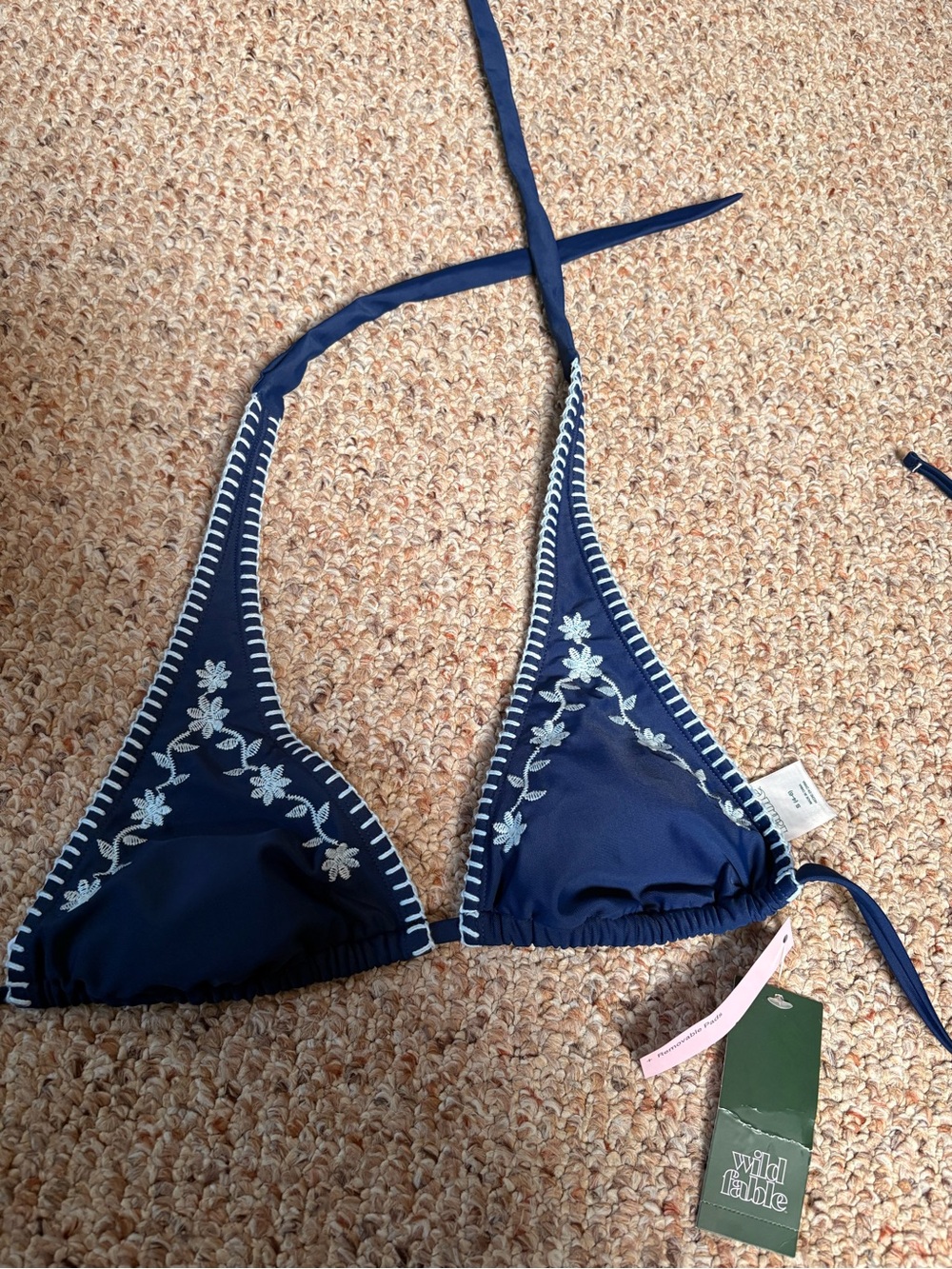 wild fable Navy Blue Triangle Bikini Top with White Floral Embroidery